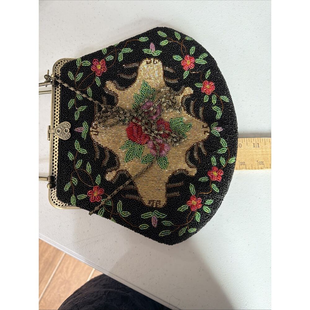 Vintage Hand Beaded Purse Black Colorful Roses Bag 1950 1960 flapper party - Picture 13 of 16